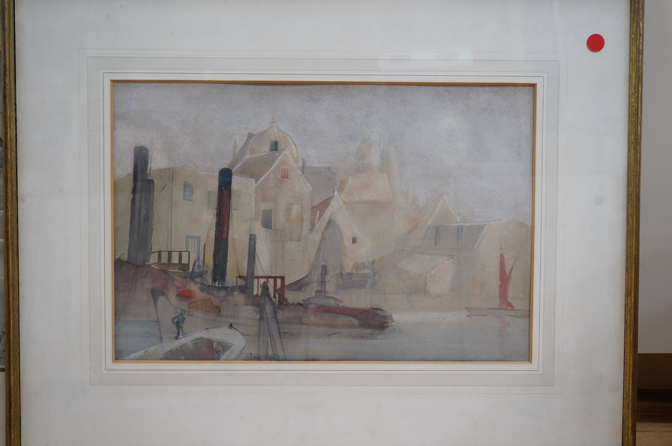 Robin Wallace (1897-1952), watercolour, ‘Dordrecht’ and one other by Jim Page, ‘Coldstream, Scotland’, each signed, 30 x 45cm. Condition - fair